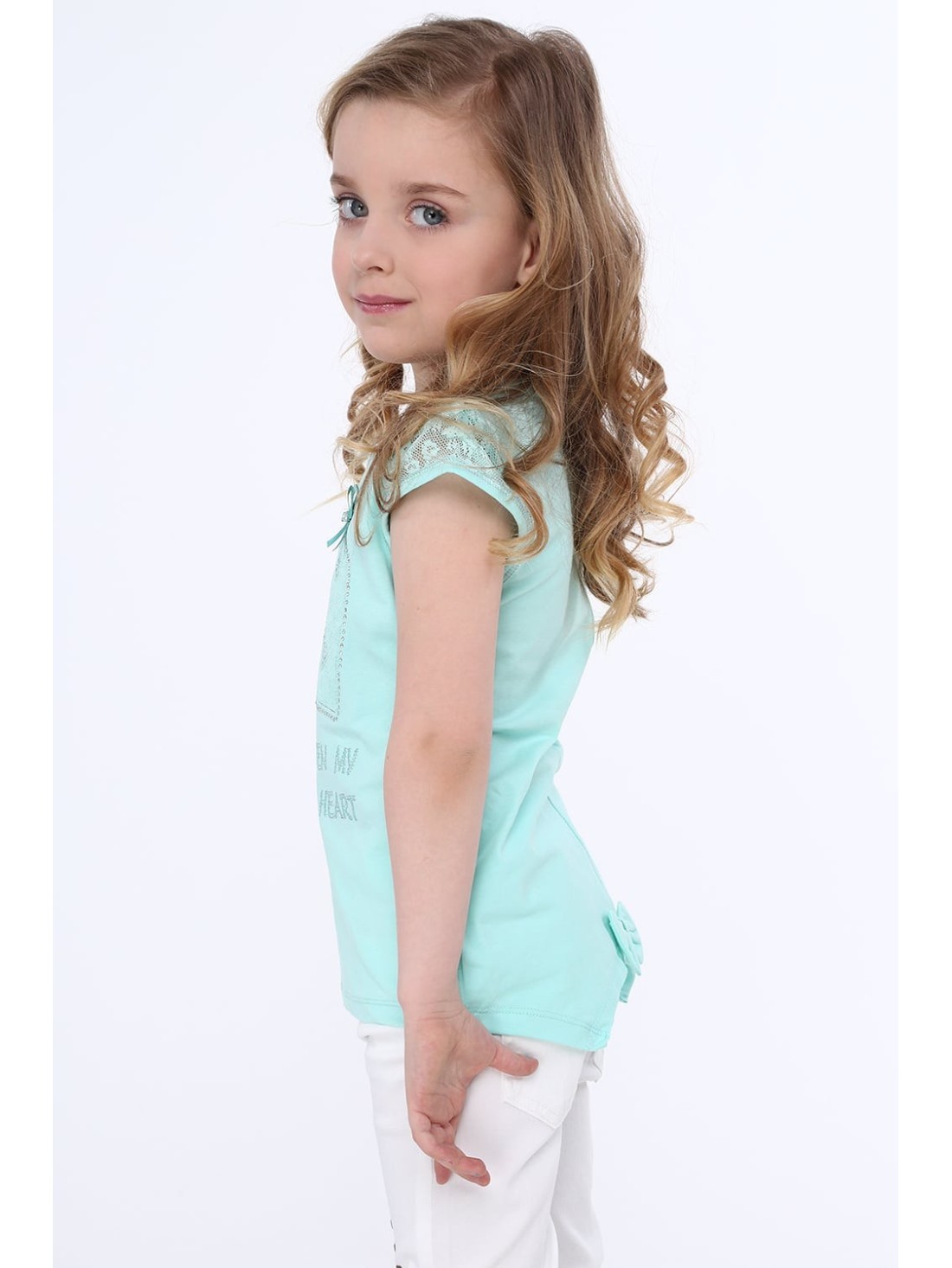 T-shirt with lace sleeves, mint NDZ8147 - Online store - Boutique